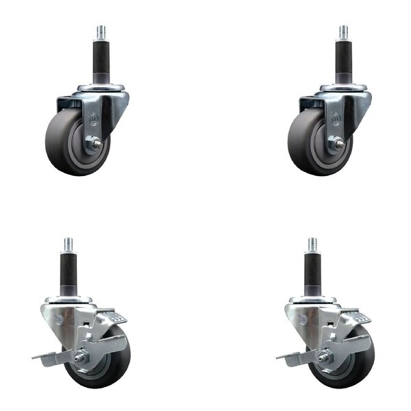 3'' SS Thermoplastic Rubber Wheel Swivel 1'' Expanding Stem Caster Set 2 Brakes, 4PK